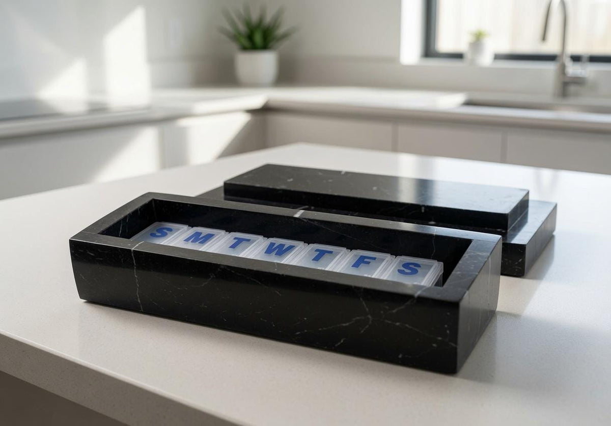 Nero Marquina Marble Pill box 7"×2 1/4" height 2 3/8"  with weakly pill organizer FREE SHIPPING