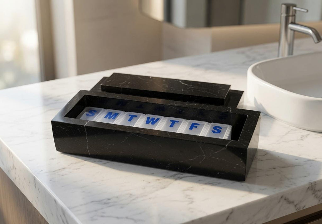 Nero Marquina Marble Pill box 7"×2 1/4" height 2 3/8"  with weakly pill organizer FREE SHIPPING
