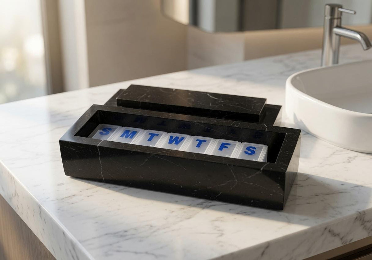 Nero Marquina Marble Pill box 7"×2 1/4" height 2 3/8"  with weakly pill organizer FREE SHIPPING