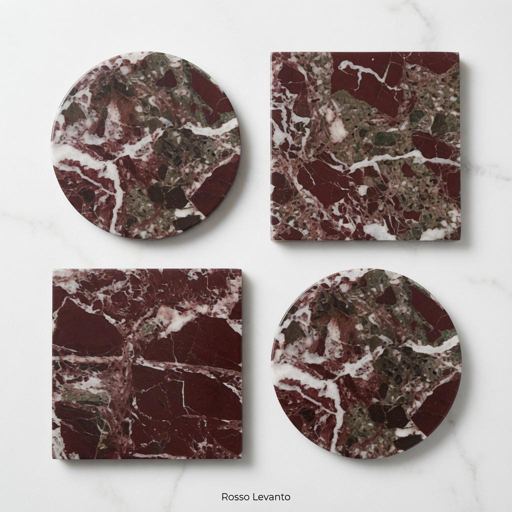 Rosso Levanto, Red and white, Burgundy Marble coasters, set of four 4" diameter coasters, available in round and square.