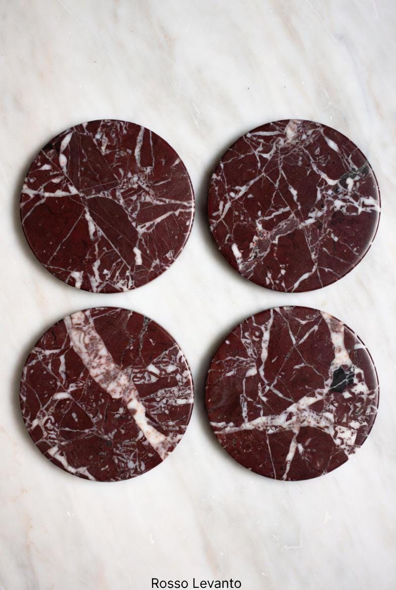 Rosso Levanto, Red and white, Burgundy Marble coasters, set of four 4" diameter coasters, available in round and square.