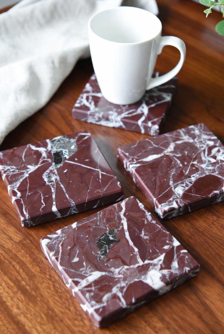 Rosso Levanto, Red and white, Burgundy Marble coasters, set of four 4" diameter coasters, available in round and square.