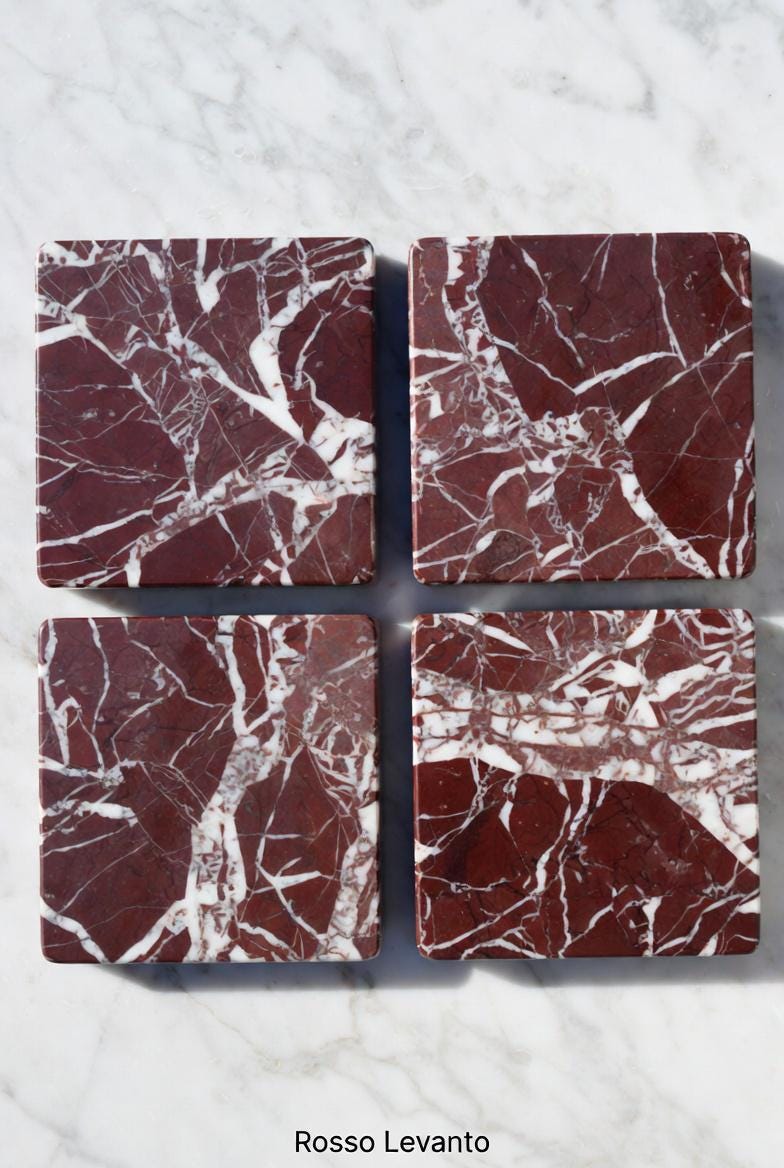 Rosso Levanto, Red and white, Burgundy Marble coasters, set of four 4" diameter coasters, available in round and square.