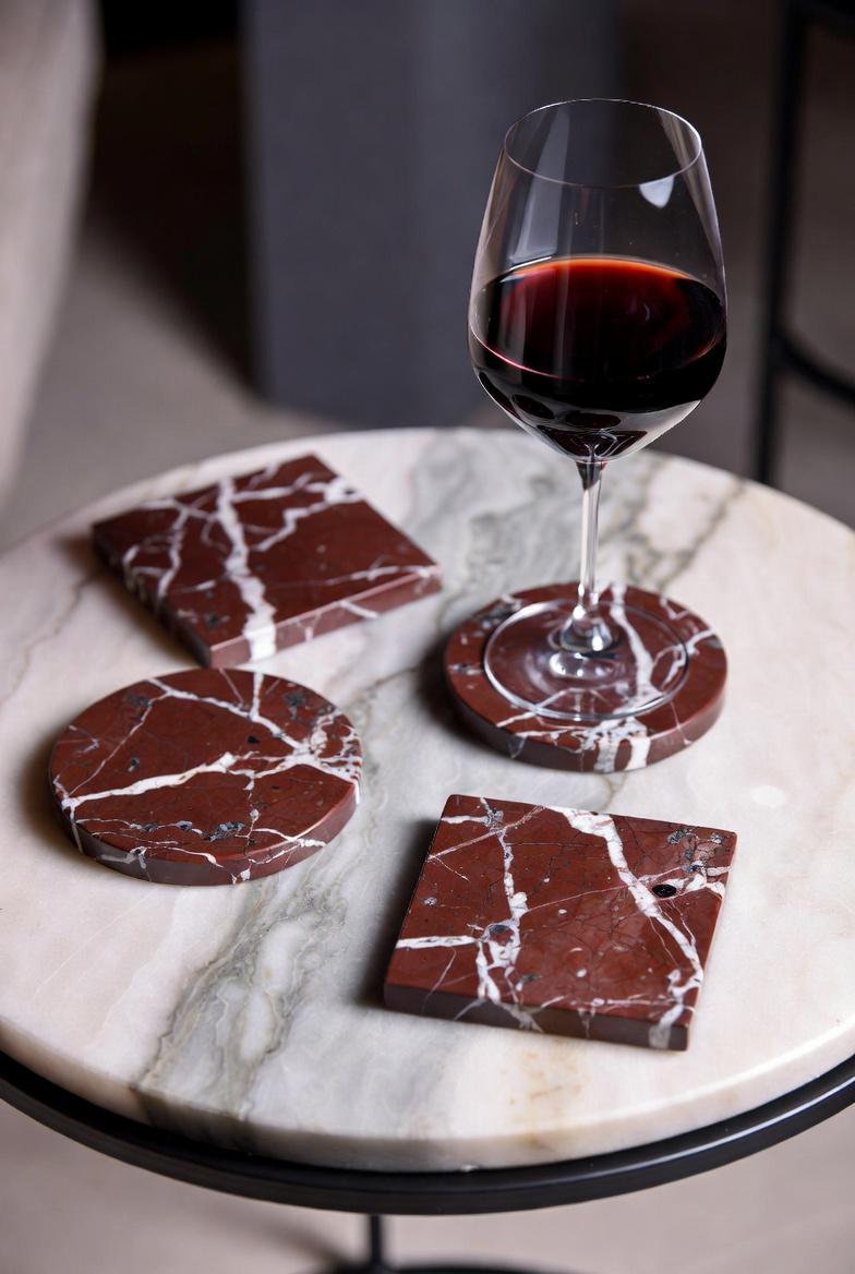 Rosso Levanto, Red and white, Burgundy Marble coasters, set of four 4" diameter coasters, available in round and square.