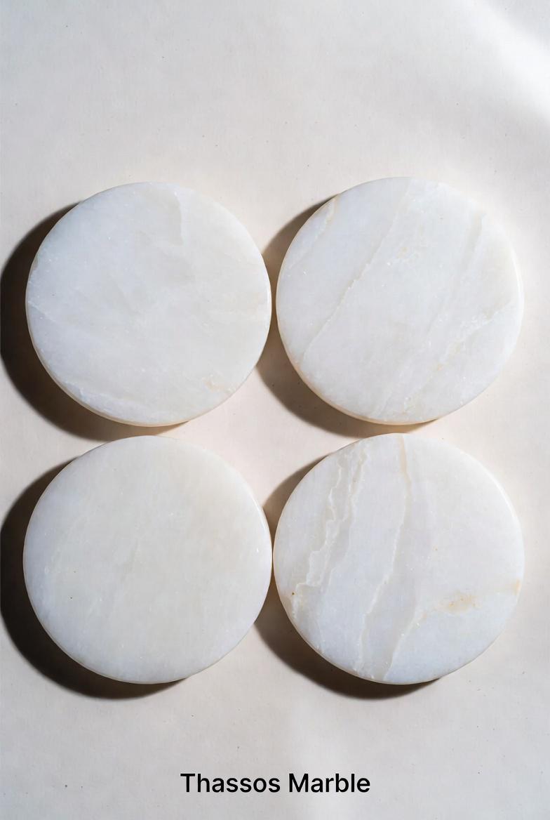 Handmade set of 4 Thassos Marble Coasters a beautiful  set of 4" Round, square or mix and match. a stunning white stone from Greece