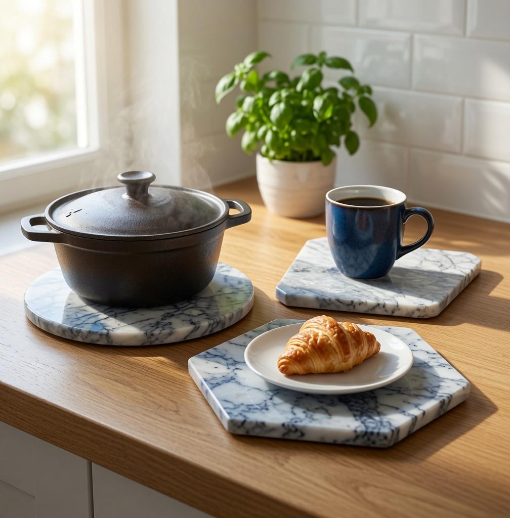 Amethyst Blue Marble Trivets,  Hot plate. Perfect to protect your table from hot pans 9" available in 3 shapes. circle, square, hexagon.