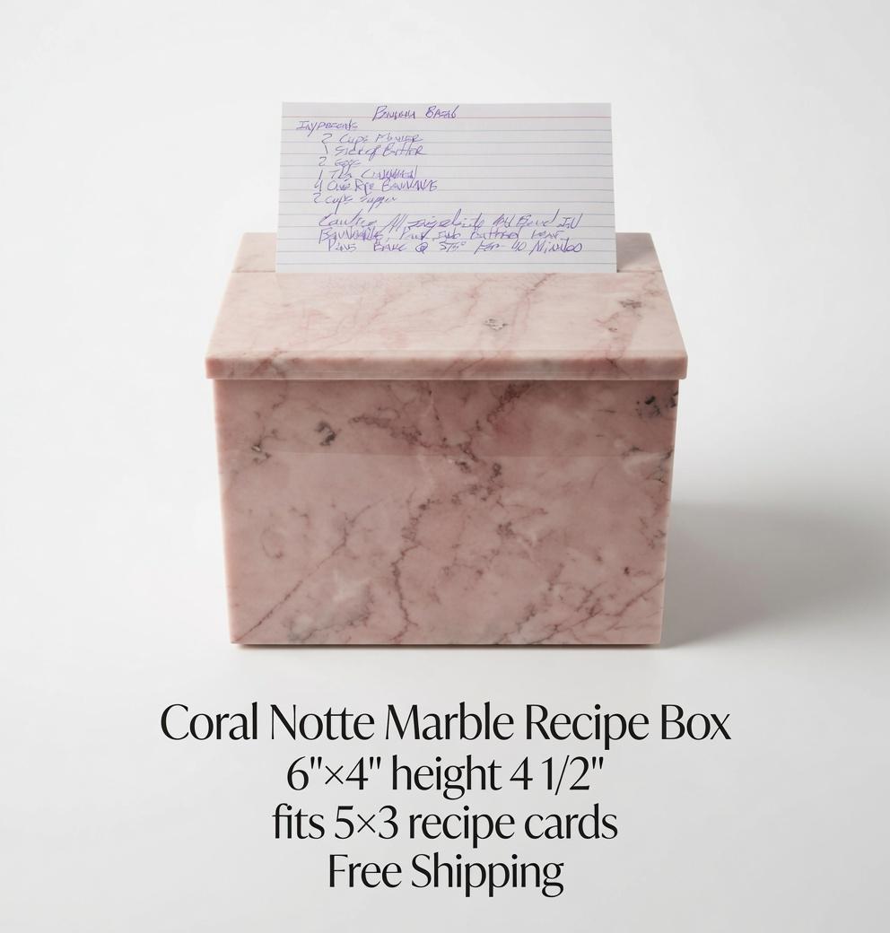Coral Notte Marble Recipe Box 6"×4" height 4 1/2" fits 5×3 recipe cards Free Shipping