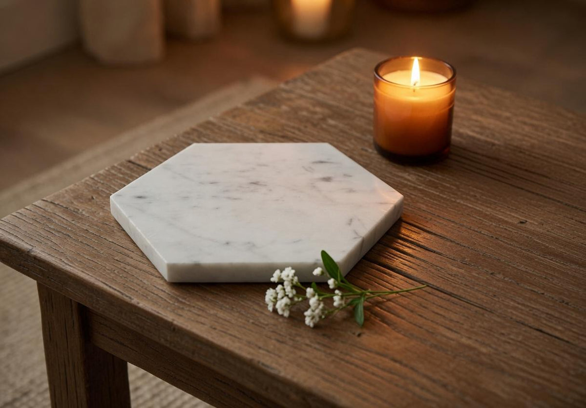Bianco Carrara Marble,  Hot plate. Perfect to protect your table from hot pots and pans 6" available in 3 shapes (circle, square, hexagon)