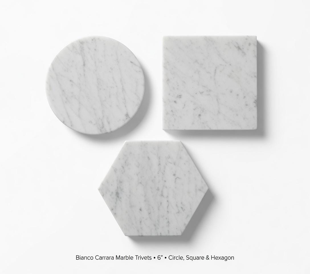 Bianco Carrara Marble,  Hot plate. Perfect to protect your table from hot pots and pans 6" available in 3 shapes (circle, square, hexagon)