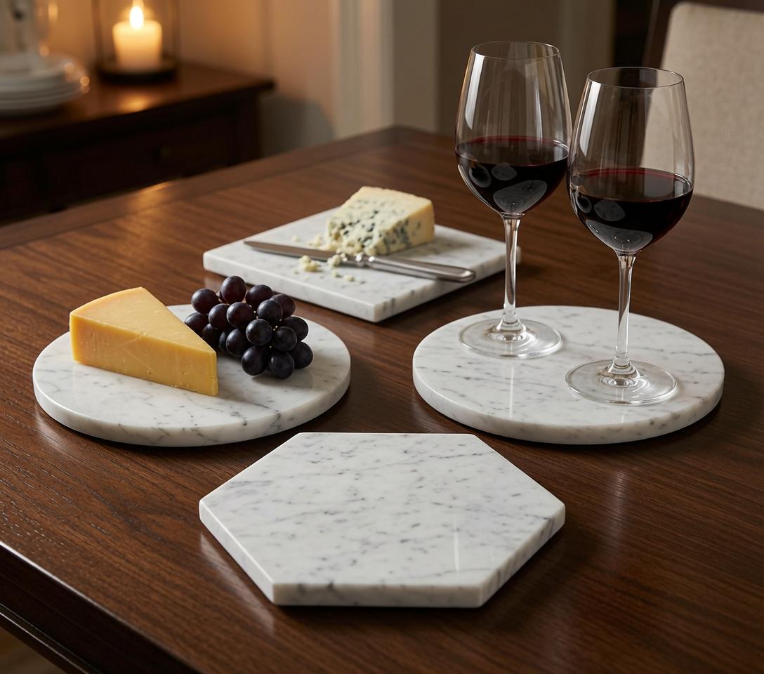 Bianco Carrara Marble,  Hot plate. Perfect to protect your table from hot pots and pans 6" available in 3 shapes (circle, square, hexagon)