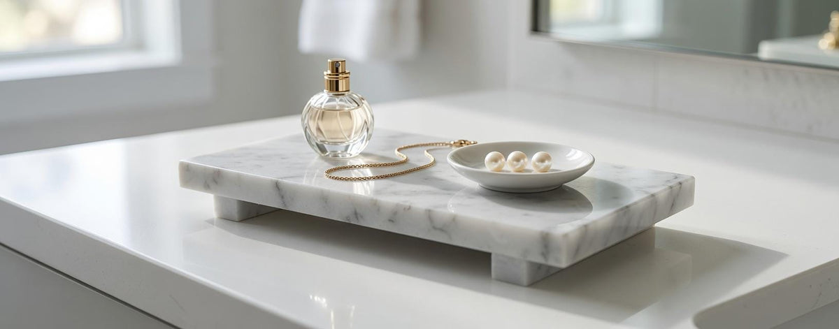 Marble display tray with risers available in many stone types an elegant bathroom addition.