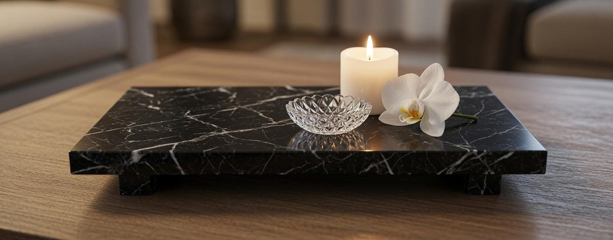 Marble display tray with risers available in many stone types an elegant bathroom addition.