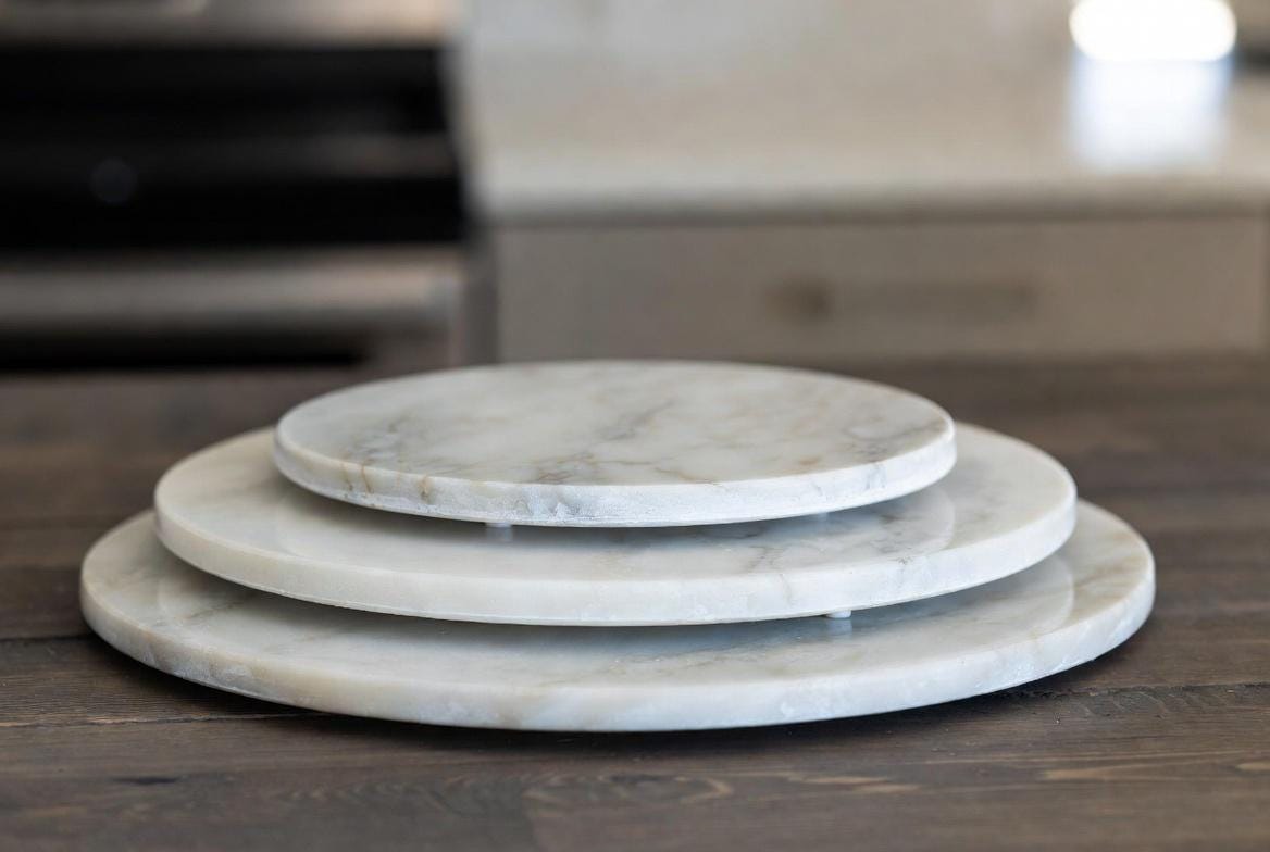 Bianco Carrara Stone Trivets one each of 6" , 8" , 10" diameter. Free Shipping Perfect to protect your table from hot pots and pans.