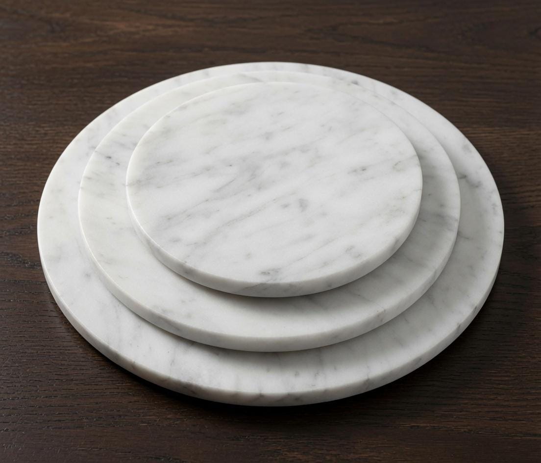 Bianco Carrara Stone Trivets one each of 6" , 8" , 10" diameter. Free Shipping Perfect to protect your table from hot pots and pans.