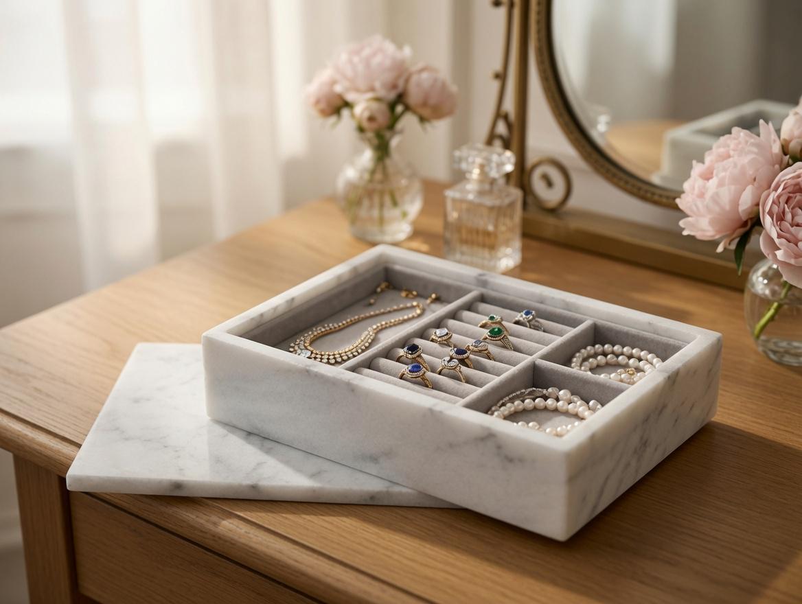 Glacier White Marble Jewelry Box 9 1/2" × 6" height 3 1/2" Two jewelry trays perfect and elegant Free Shipping