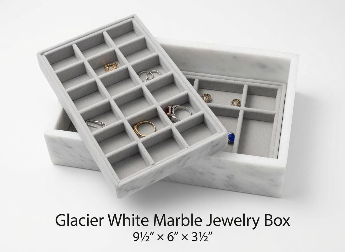 Glacier White Marble Jewelry Box 9 1/2" × 6" height 3 1/2" Two jewelry trays perfect and elegant Free Shipping