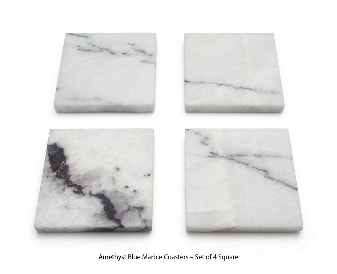 Set of 4 Handmade Amethyst Blue Marble  Coasters a beautiful creamy white marble with strong blue veining set of 4" Round, square or mix