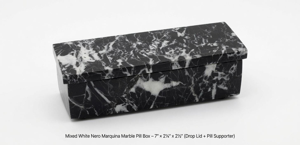 Mixed White Nero Marquina Pill box marble box 7"×2 1/4" height 2 1/2" with weakly pill organizer FREE SHIPPING