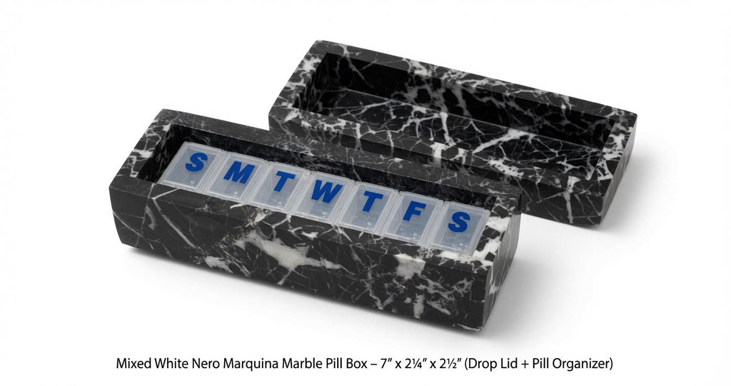 Mixed White Nero Marquina Pill box marble box 7"×2 1/4" height 2 1/2" with weakly pill organizer FREE SHIPPING