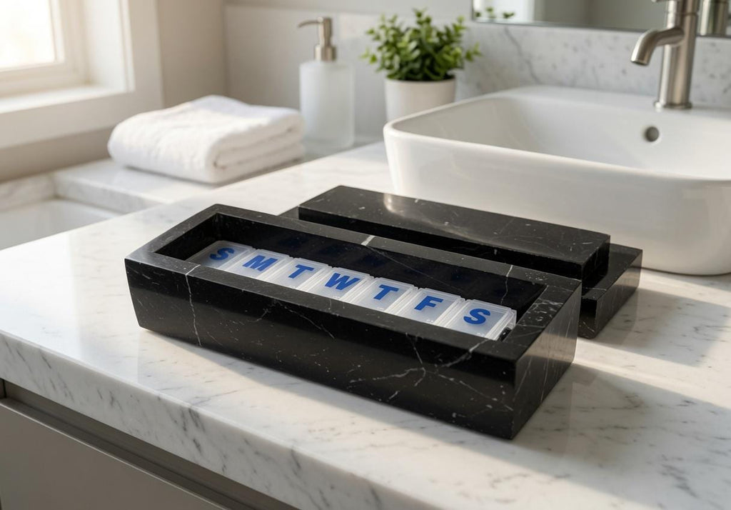 Nero Marquina Marble Pill box 7"×2 1/4" height 2 3/8"  with weakly pill organizer FREE SHIPPING