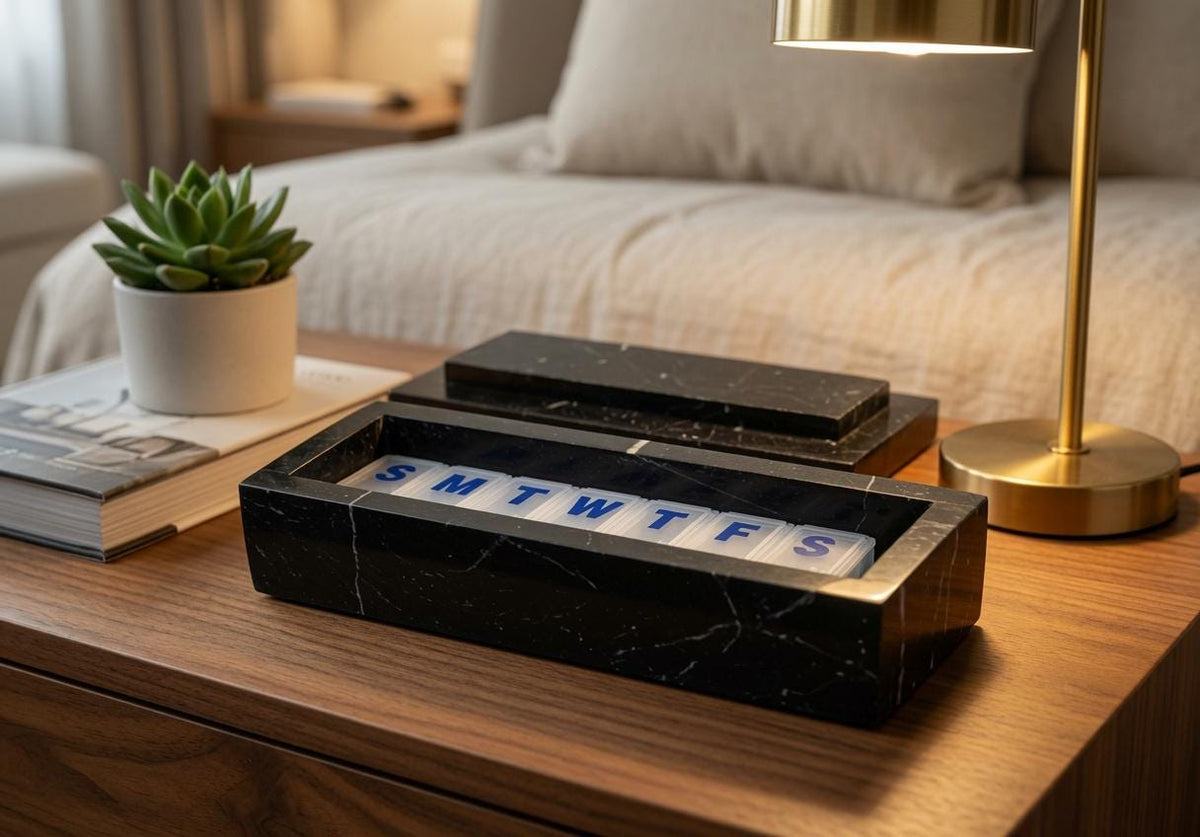 Nero Marquina Marble Pill box 7"×2 1/4" height 2 3/8"  with weakly pill organizer FREE SHIPPING