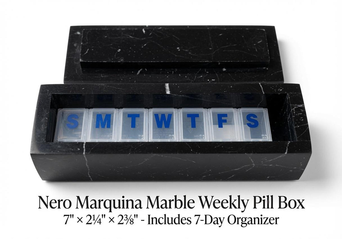 Nero Marquina Marble Pill box 7"×2 1/4" height 2 3/8"  with weakly pill organizer FREE SHIPPING