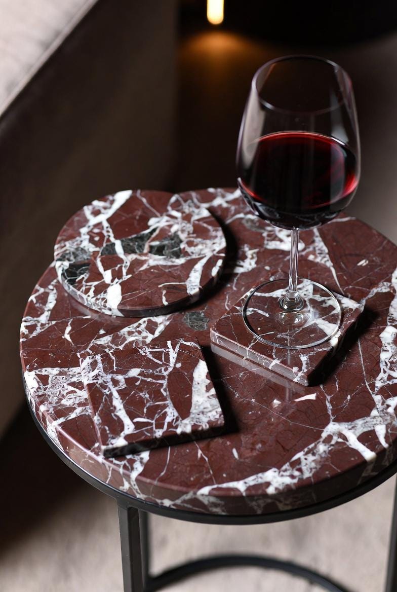 Rosso Levanto, Red and white, Burgundy Marble coasters, set of four 4" diameter coasters, available in round and square.