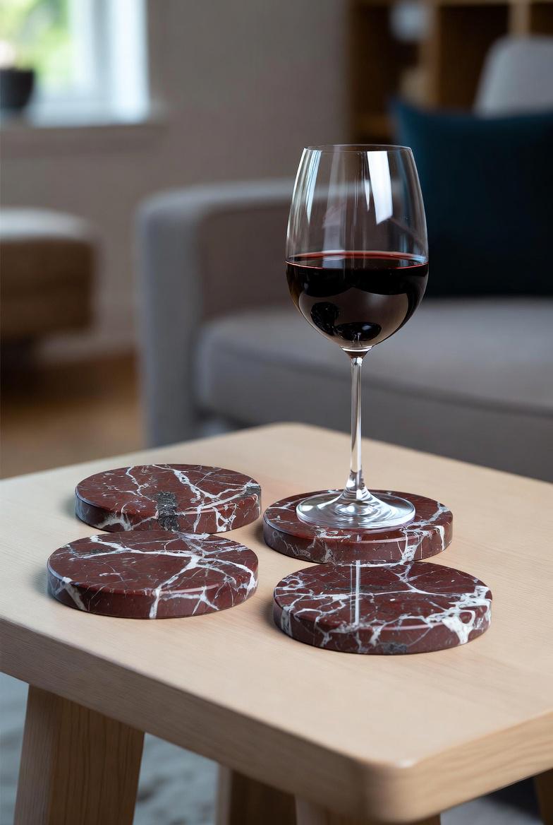Rosso Levanto, Red and white, Burgundy Marble coasters, set of four 4" diameter coasters, available in round and square.