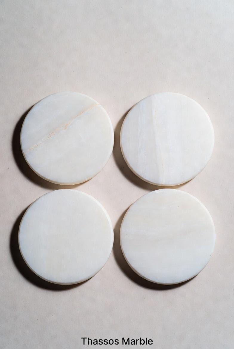 Handmade set of 4 Thassos Marble Coasters a beautiful  set of 4" Round, square or mix and match. a stunning white stone from Greece