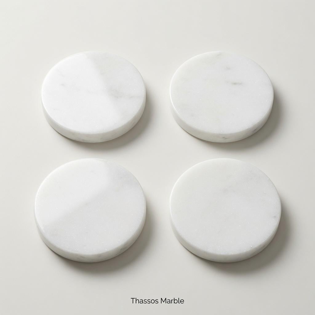 Handmade set of 4 Thassos Marble Coasters a beautiful  set of 4" Round, square or mix and match. a stunning white stone from Greece
