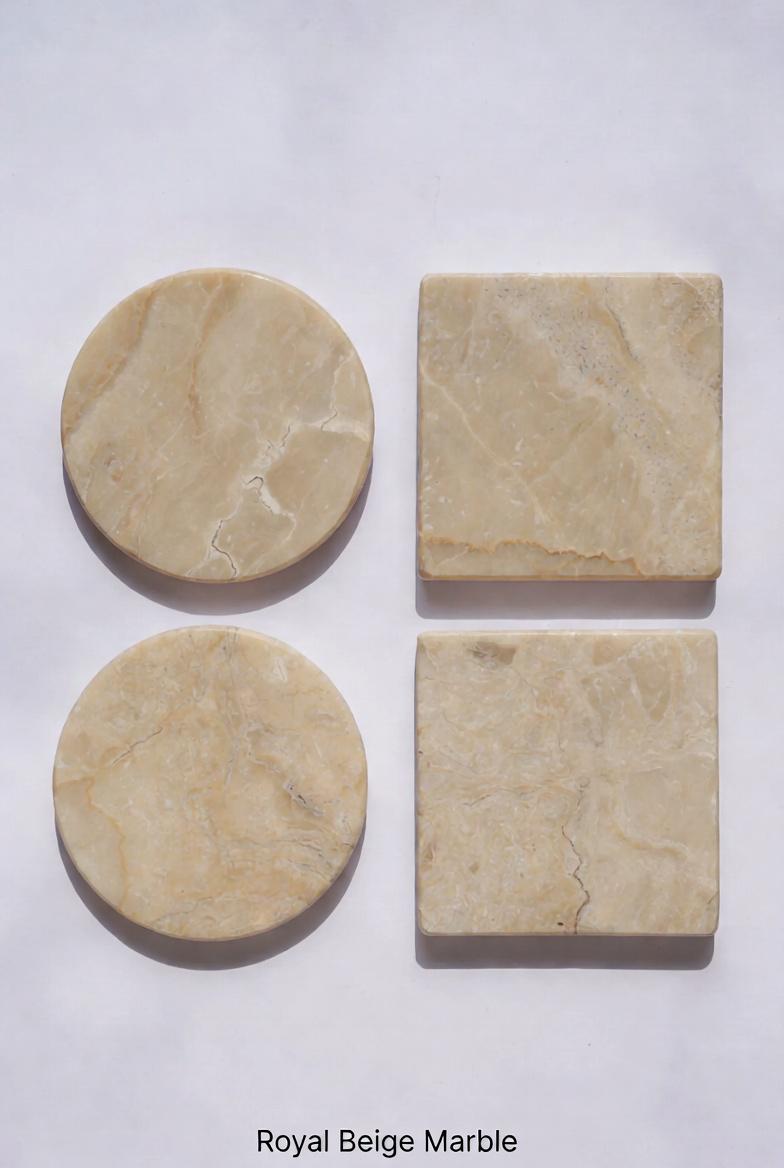 Royal Beige Marble coasters set of 4 coaster round, square, or mix and match. An elegant biege with lighter and darker hues 4" diameter