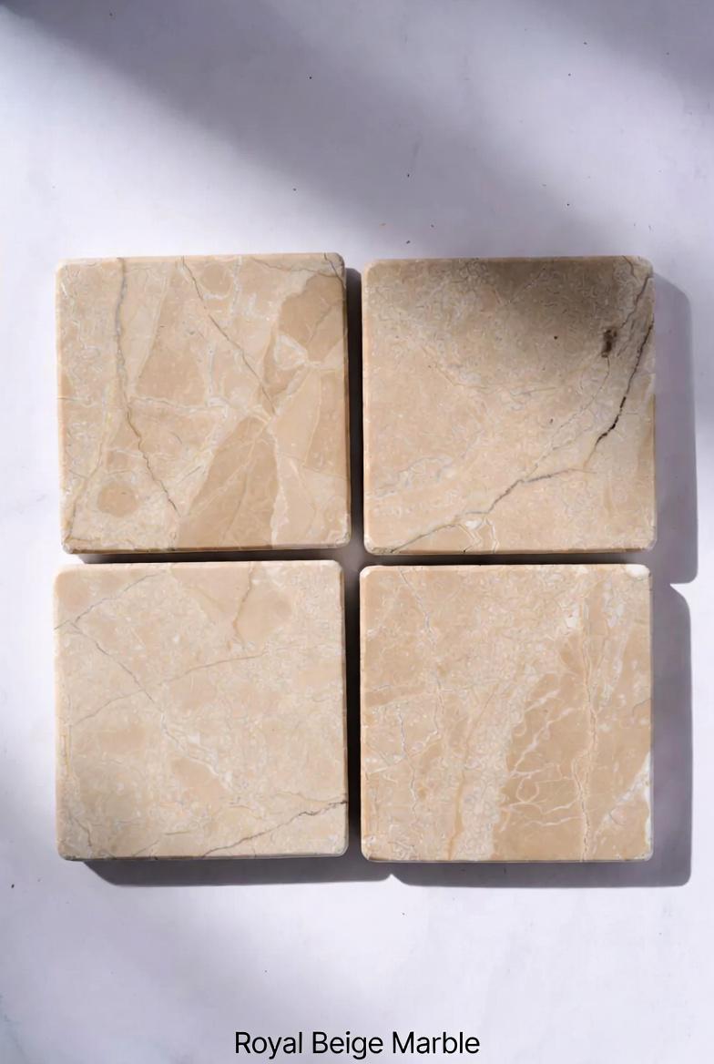 Royal Beige Marble coasters set of 4 coaster round, square, or mix and match. An elegant biege with lighter and darker hues 4" diameter