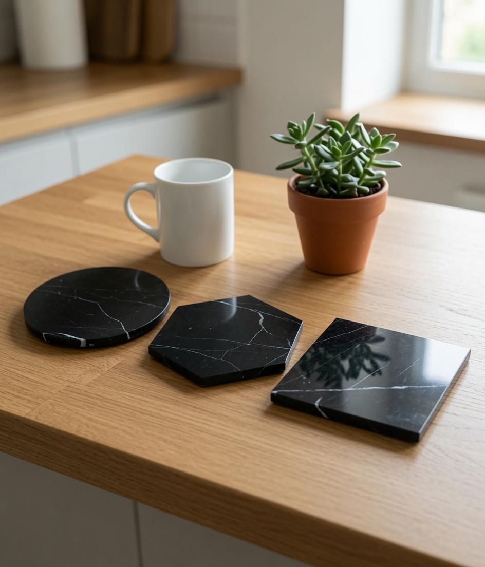 Nero Marquina Marble,  Hot plate. Perfect to protect your table from hot pots and pans 6" available in 3 shapes.