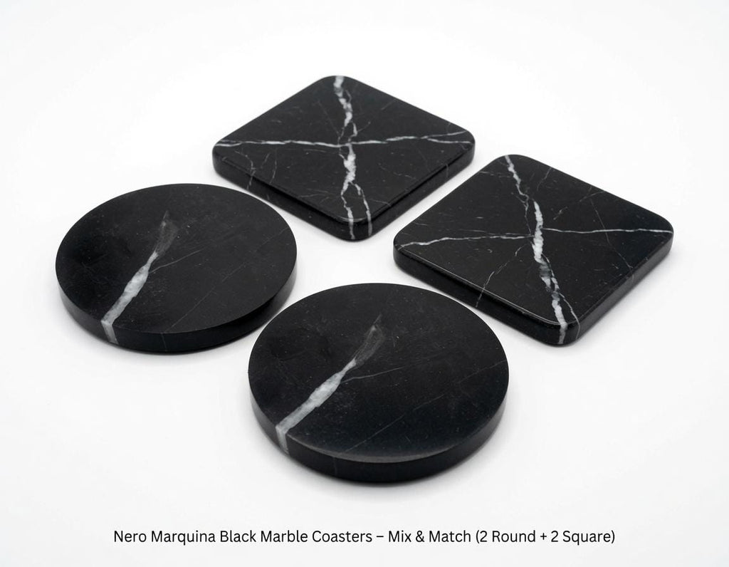 Nero Marquina Black Marble Coasters Beautiful Black with minimal white Handmade set of 4 coasters 4" round, square, or mix and match