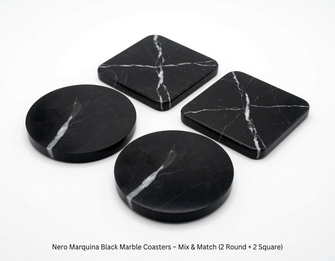 Nero Marquina Black Marble Coasters Beautiful Black with minimal white Handmade set of 4 coasters 4" round, square, or mix and match