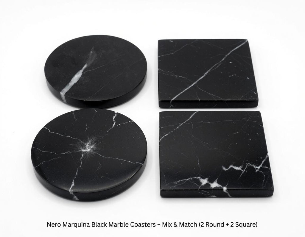 Nero Marquina Black Marble Coasters Beautiful Black with minimal white Handmade set of 4 coasters 4" round, square, or mix and match