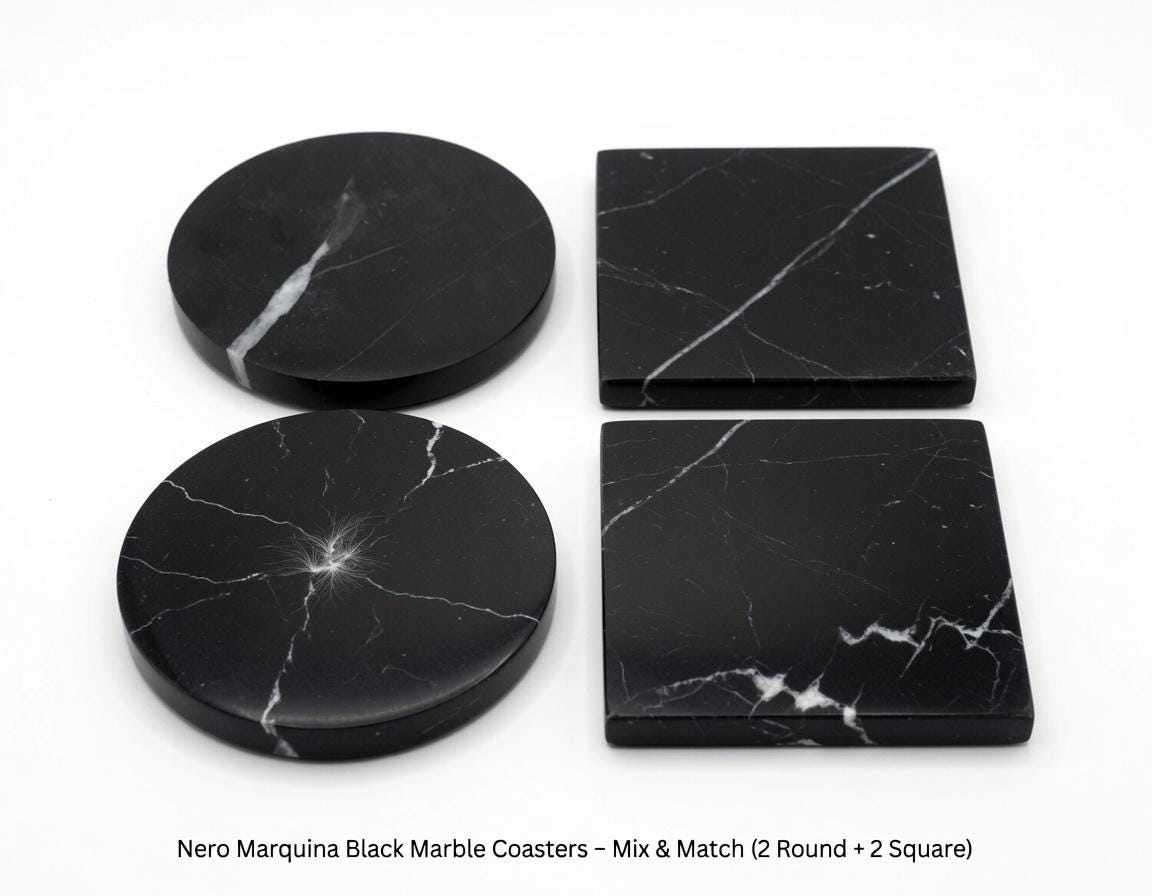 Nero Marquina Black Marble Coasters Beautiful Black with minimal white Handmade set of 4 coasters 4" round, square, or mix and match