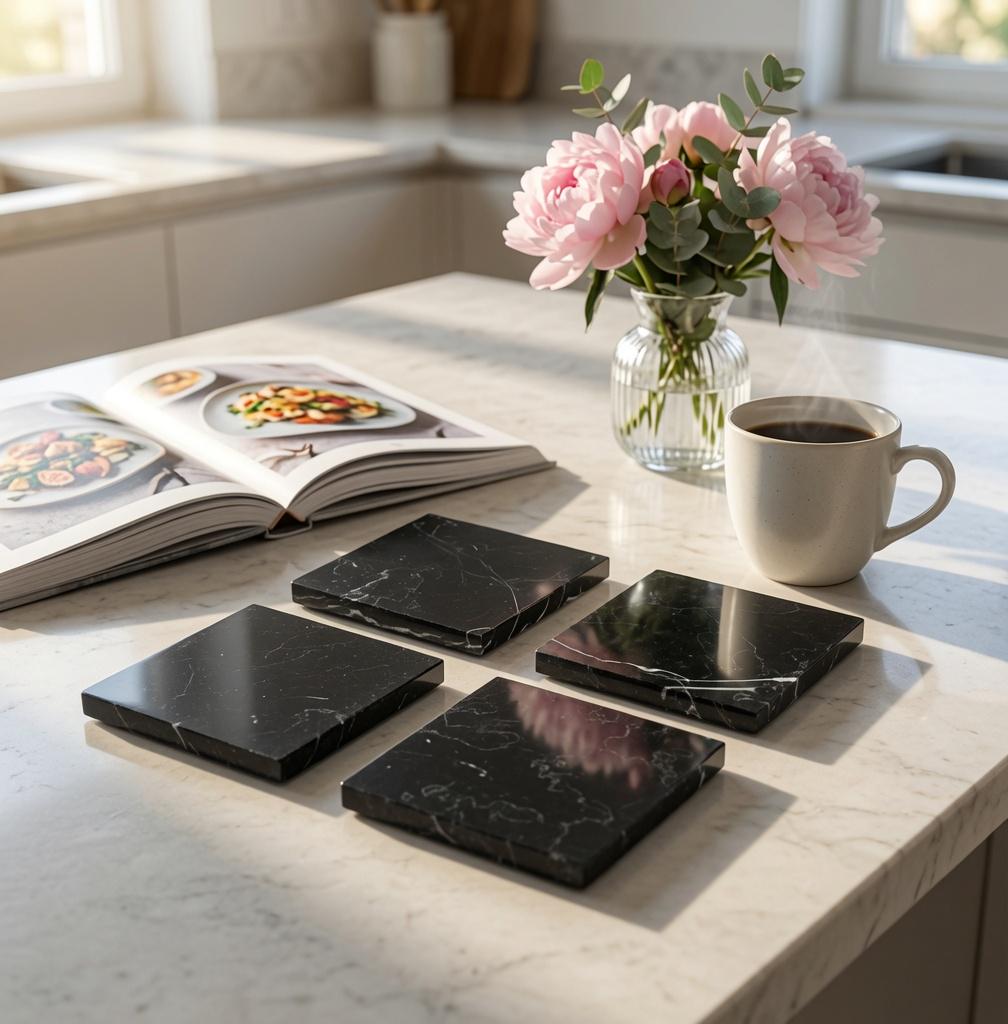 Nero Marquina Black Marble Coasters Beautiful Black with minimal white Handmade set of 4 coasters 4" round, square, or mix and match