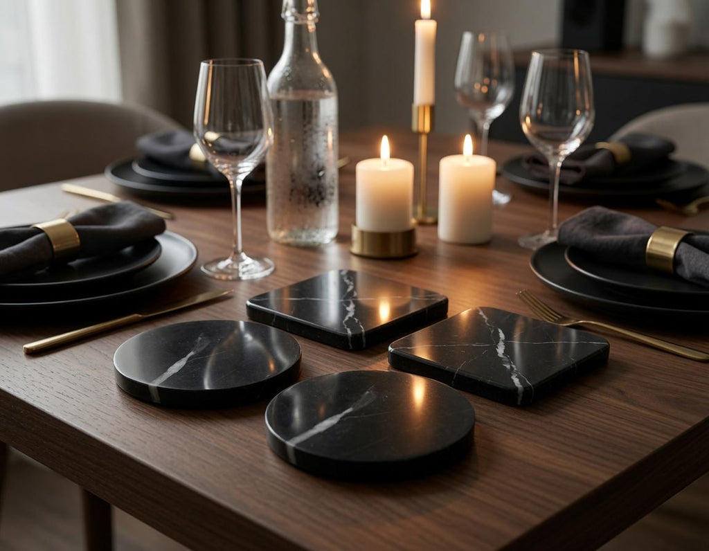 Nero Marquina Black Marble Coasters Beautiful Black with minimal white Handmade set of 4 coasters 4" round, square, or mix and match