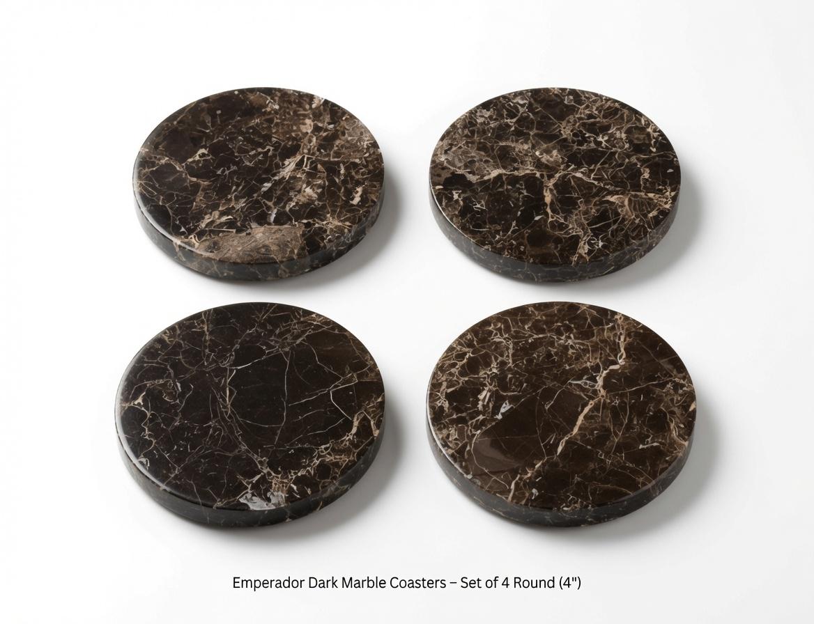 Emperador Dark Marble coasters, set of four 4" diameter coasters, available in round and square.