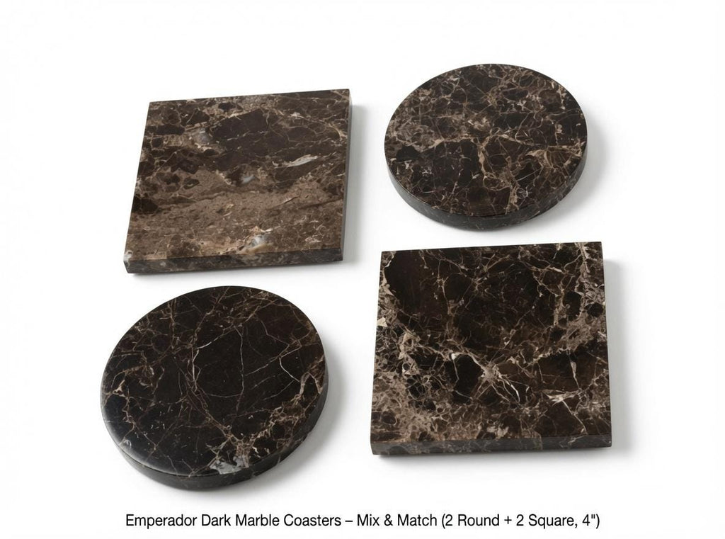 Emperador Dark Marble coasters, set of four 4" diameter coasters, available in round and square.