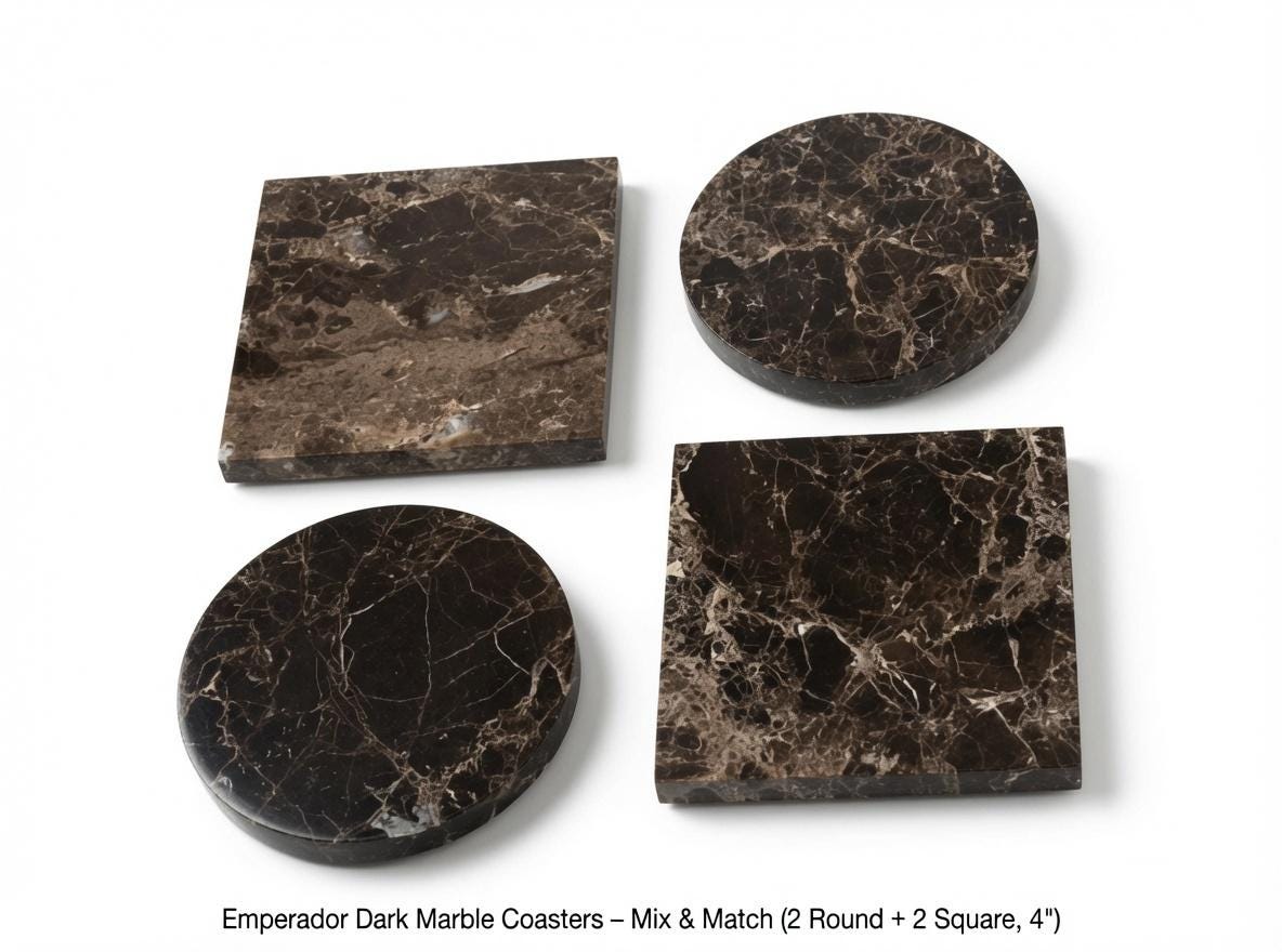 Emperador Dark Marble coasters, set of four 4" diameter coasters, available in round and square.