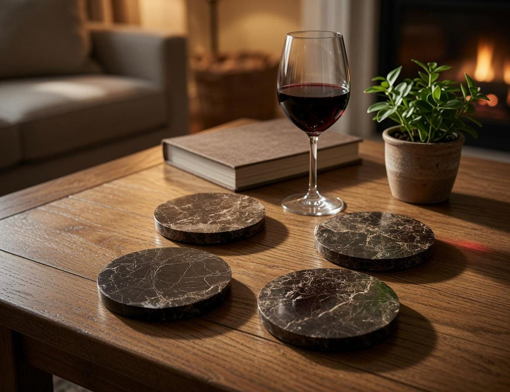 Emperador Dark Marble coasters, set of four 4" diameter coasters, available in round and square.
