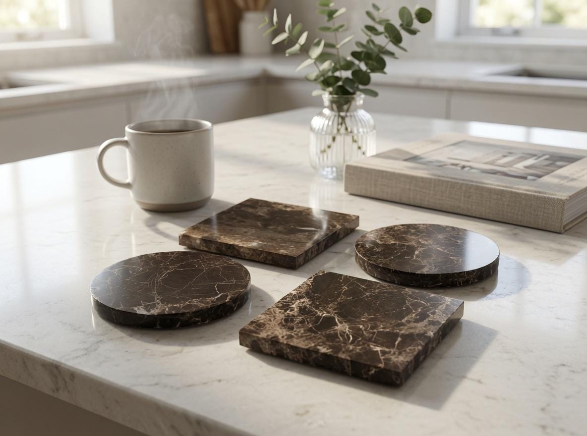 Emperador Dark Marble coasters, set of four 4" diameter coasters, available in round and square.