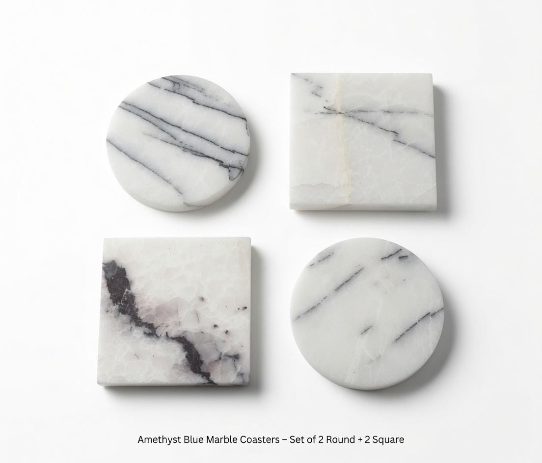 Set of 4 Handmade Amethyst Blue Marble  Coasters a beautiful creamy white marble with strong blue veining set of 4" Round, square or mix