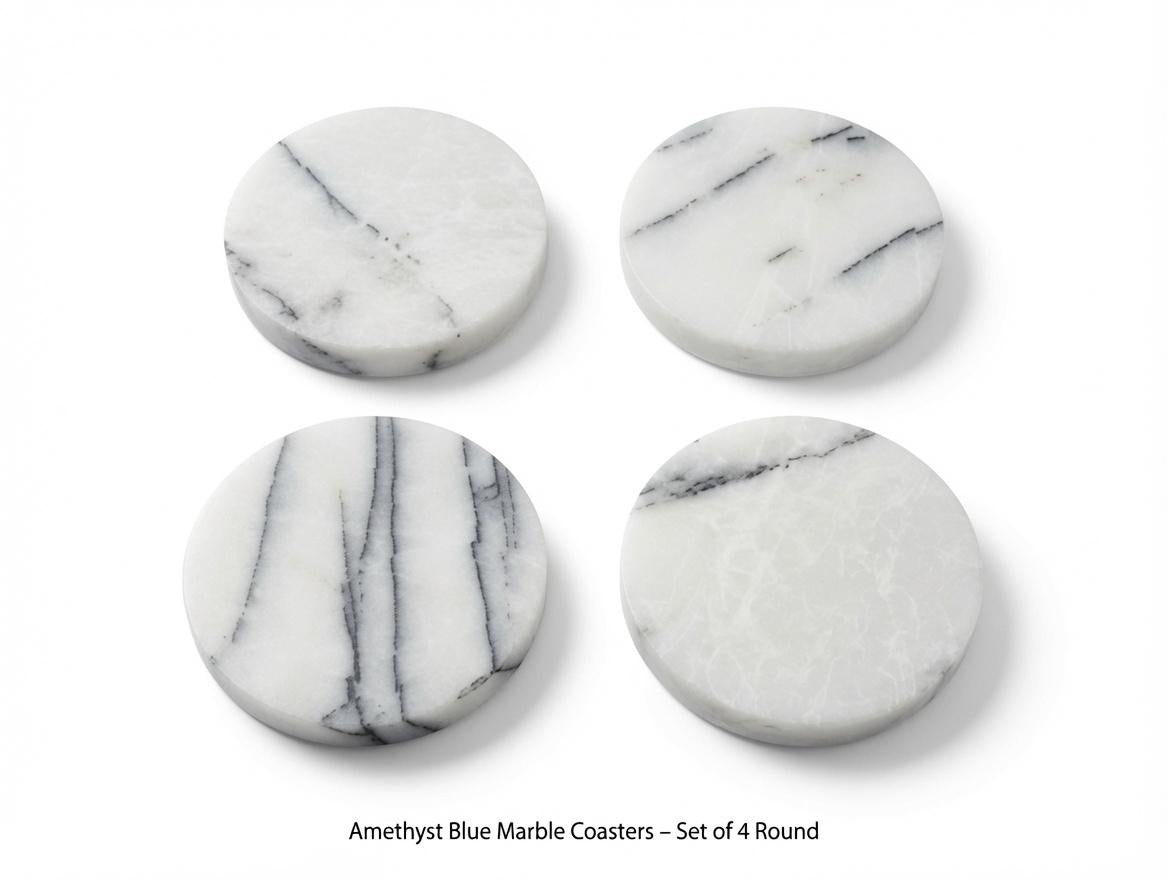 Set of 4 Handmade Amethyst Blue Marble  Coasters a beautiful creamy white marble with strong blue veining set of 4" Round, square or mix