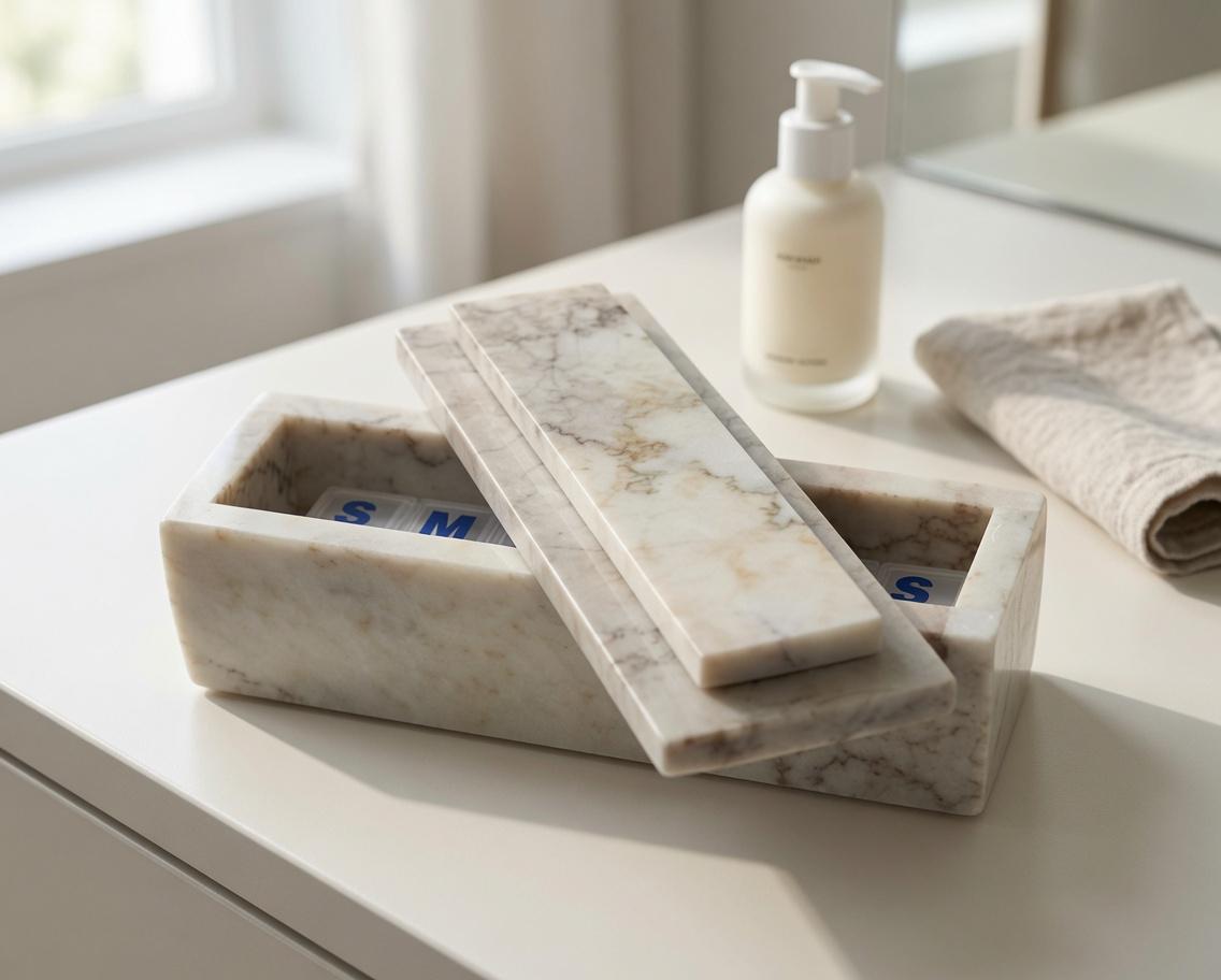 Dynasty Cream marble box weekly pill box 7"×2 1/4" height 2 3/8" box with weakly pill organizer FREE SHIPPING
