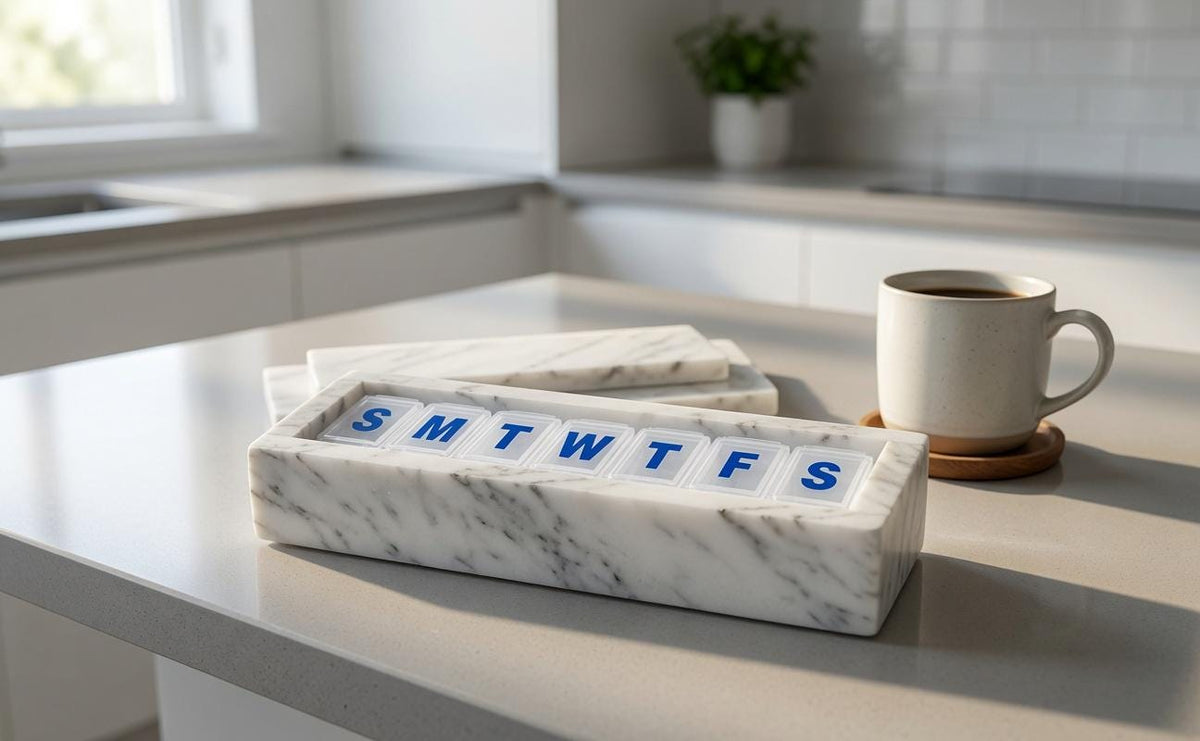 White Carrara weekly pill organizer box 7"×2 1/4" height 2 3/8" box with weakly pill organizer FREE SHIPPING