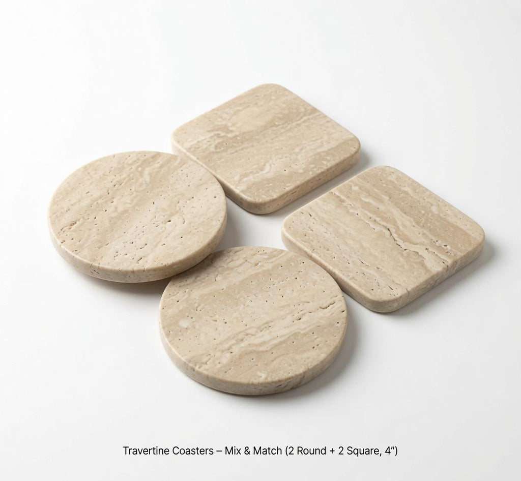 Travertine Coasters – Set of Four 4″ Available in round and square or mix and match