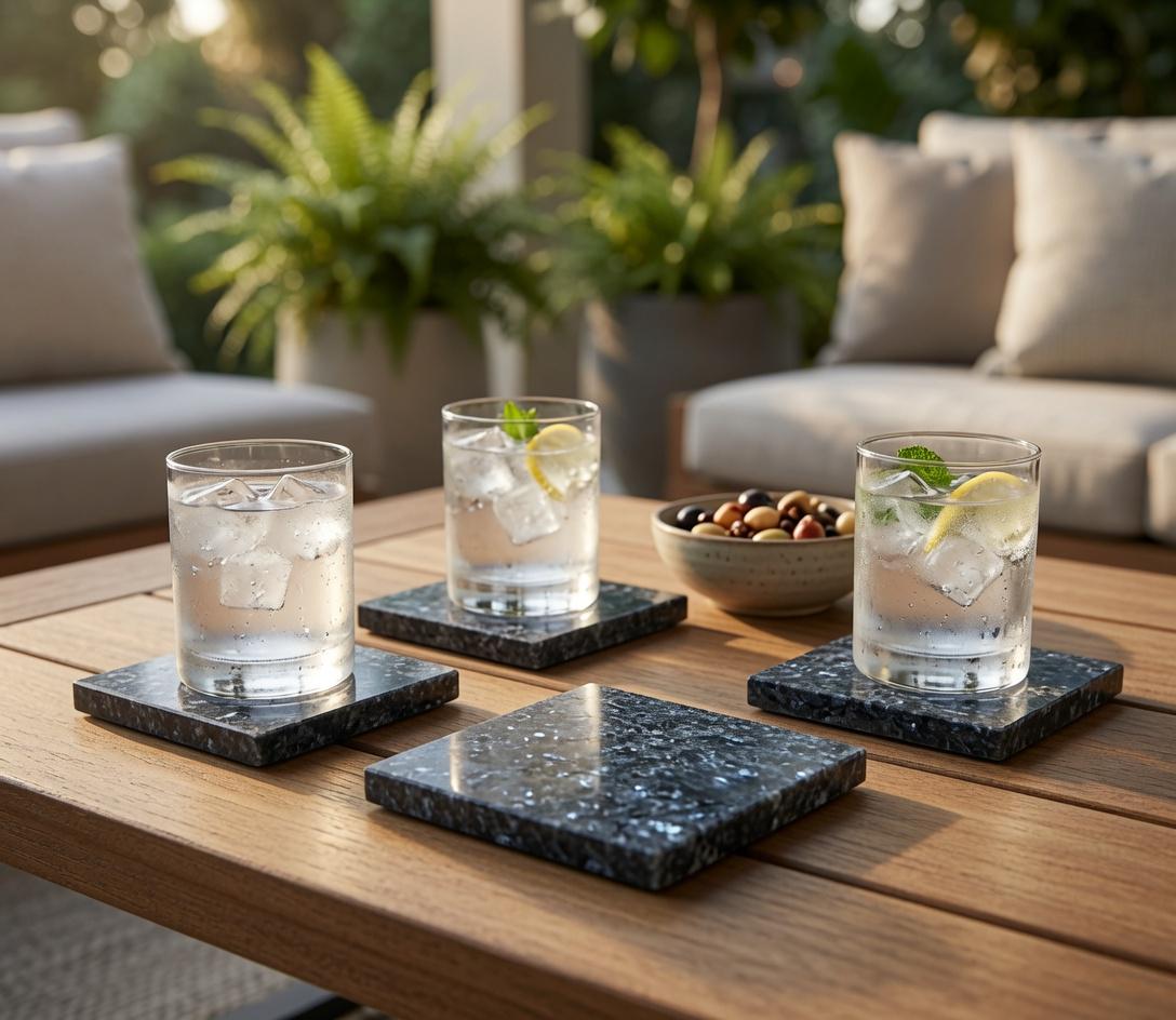 Handmade set of 4 Blue Pearl Granite Coasters a beautiful  set of 4" Round, square or mix and match. a stunning blue pearlescent stone